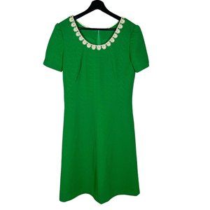 Vintage 60s Green Crochet Lace Collar Short Sleeve Knee Length Dress Medium